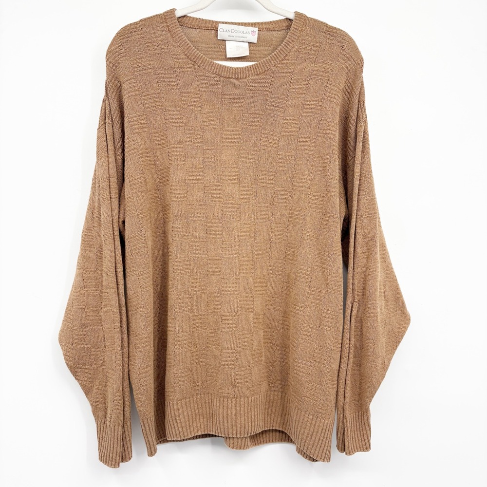 Clan Douglas Mens Tan Linen‎ Silk Textured Old Money Knit Crewneck Sweater XL